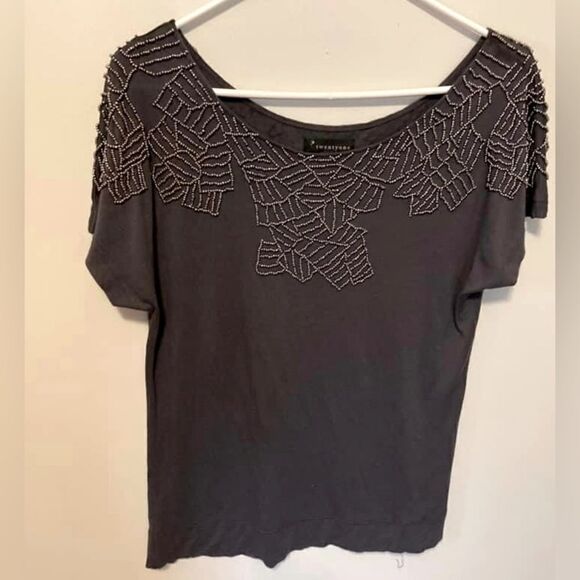 Forever 21 Gray Metallic Beaded Top Short Sleeve Embellished Blouse Medium - Picture 2 of 7